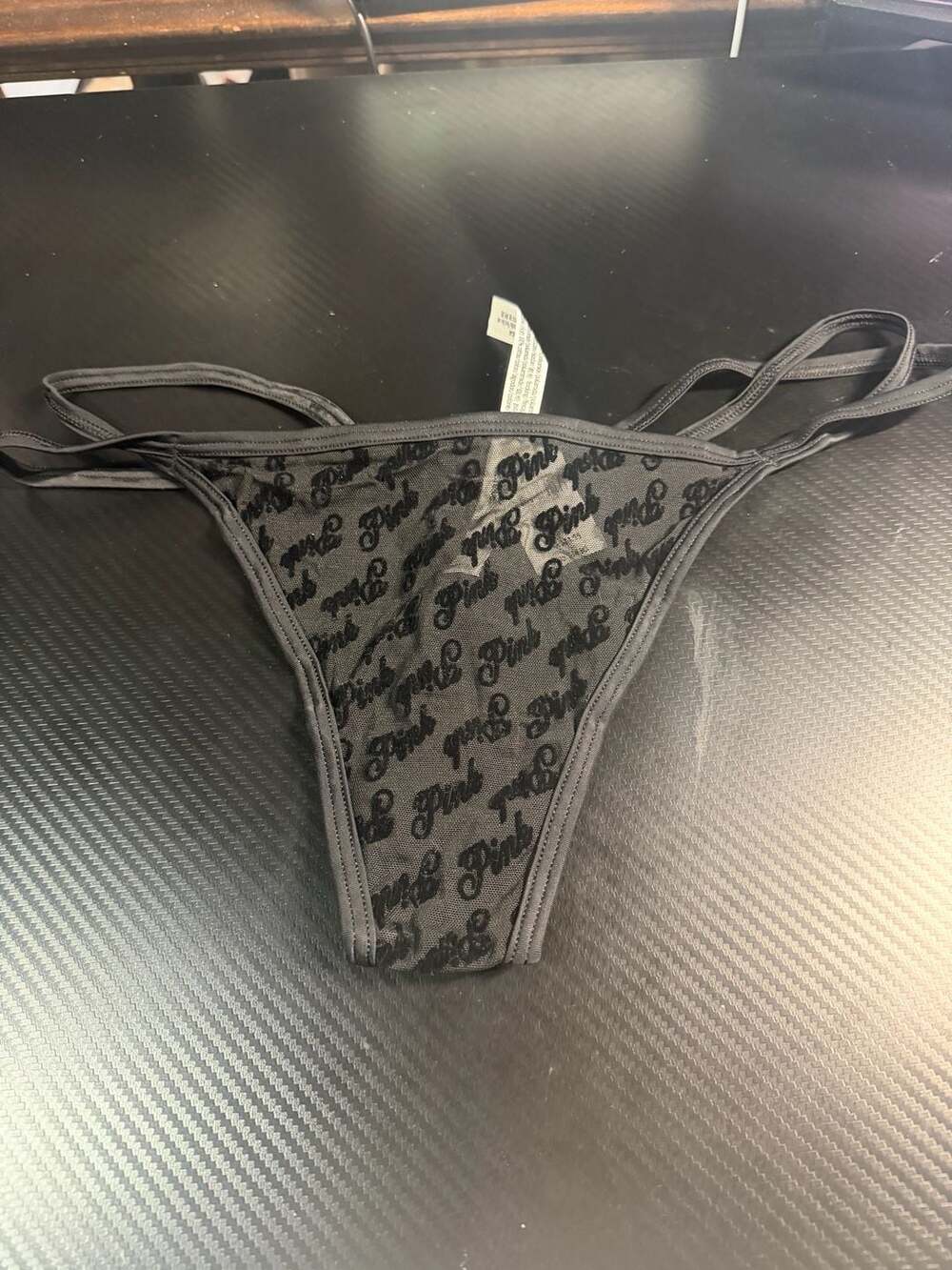 PINK Victoria's Secret Logo Mesh Strappy Thong Panty Black Size L